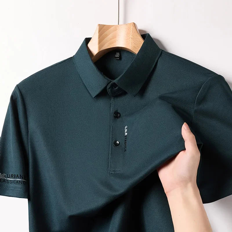 Men's Business Casual Short Sleeved Shirt with Badge Solid Color Polo Shirt.