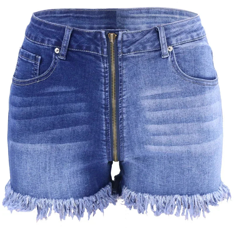 Fashion Front Zipper Open Crotch Denim Shorts Women.