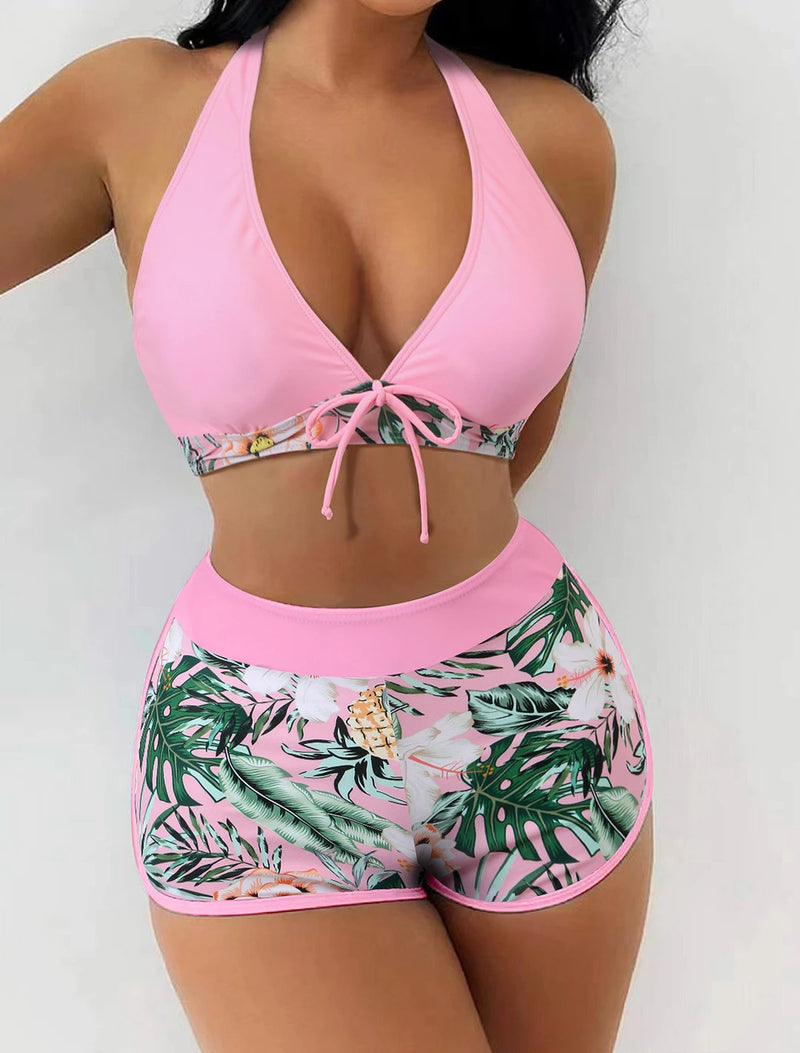 15 Colors Swimwear Women Two-Piece Suit Patchwork Halter Bikini Top.