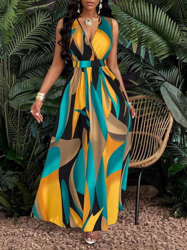 Women’s Tropical Print V-Neck Waist Section Cable Knit Fit And Flare Dress.