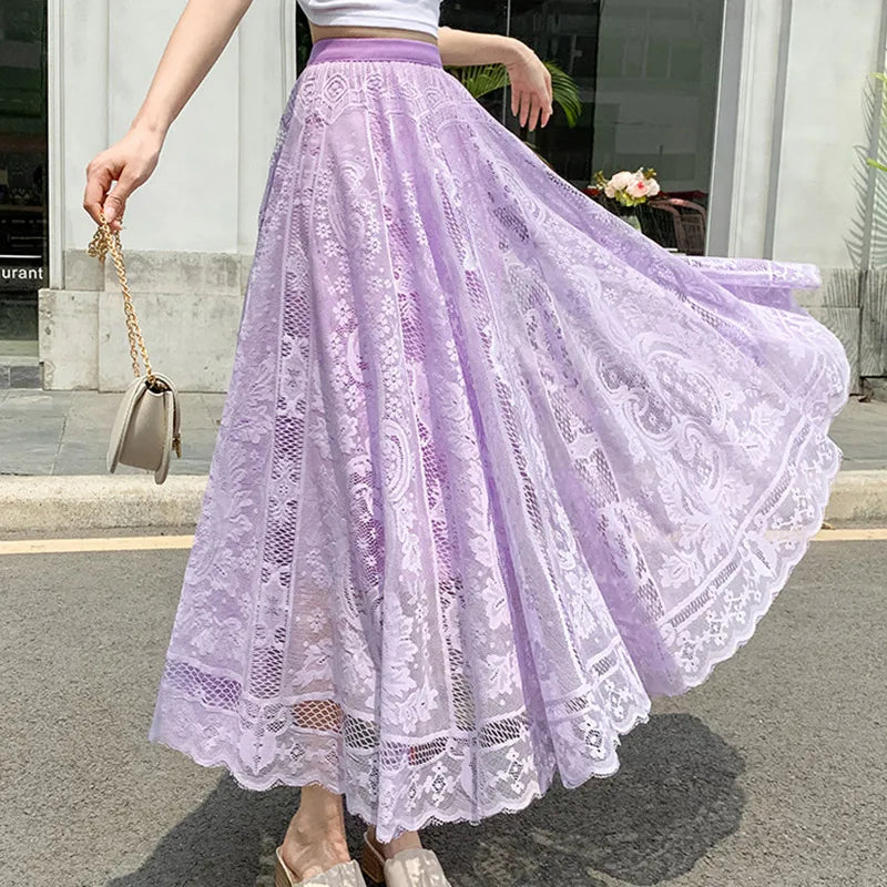 Elegant Lace Mesh Skirt for Women Lace Skirts High Waist Summer Long Skirt.