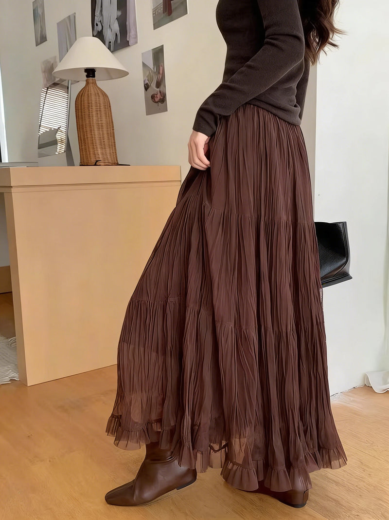Elegant Pleated Skirt for Women with Elastic Waist Slim Fit A-Line Long.