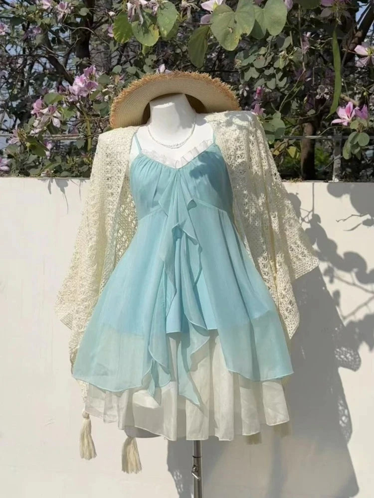 Women’s  Sweet Kawaii Y2k Min Dress Lolita Cute Sleeveless Floral Dress.