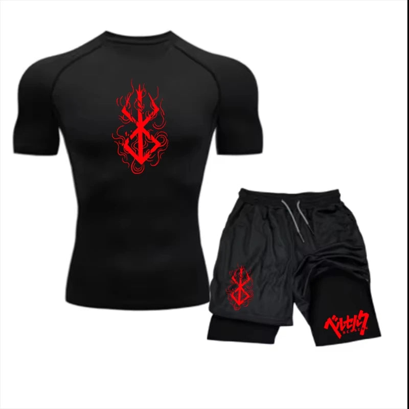 Men's Summer Gym Training Athletic Set - Short-Sleeve Compression Undershirt.