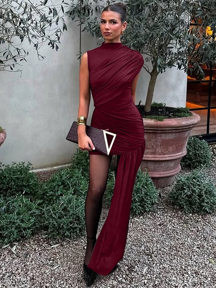 Mozision Irregular Draped Ruched Sexy Mini Dress For Women.