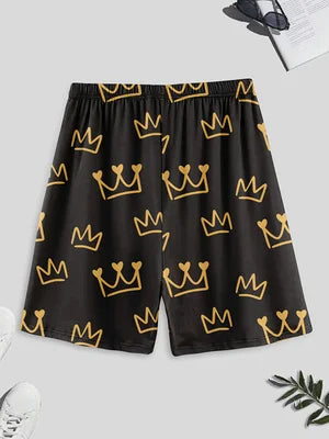 Men's pajama set, including crown-printed short sleeve top and shorts.