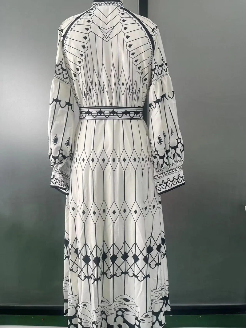 Retro Elegant Stand Collar Long Dress Women Spring Pattern Print.