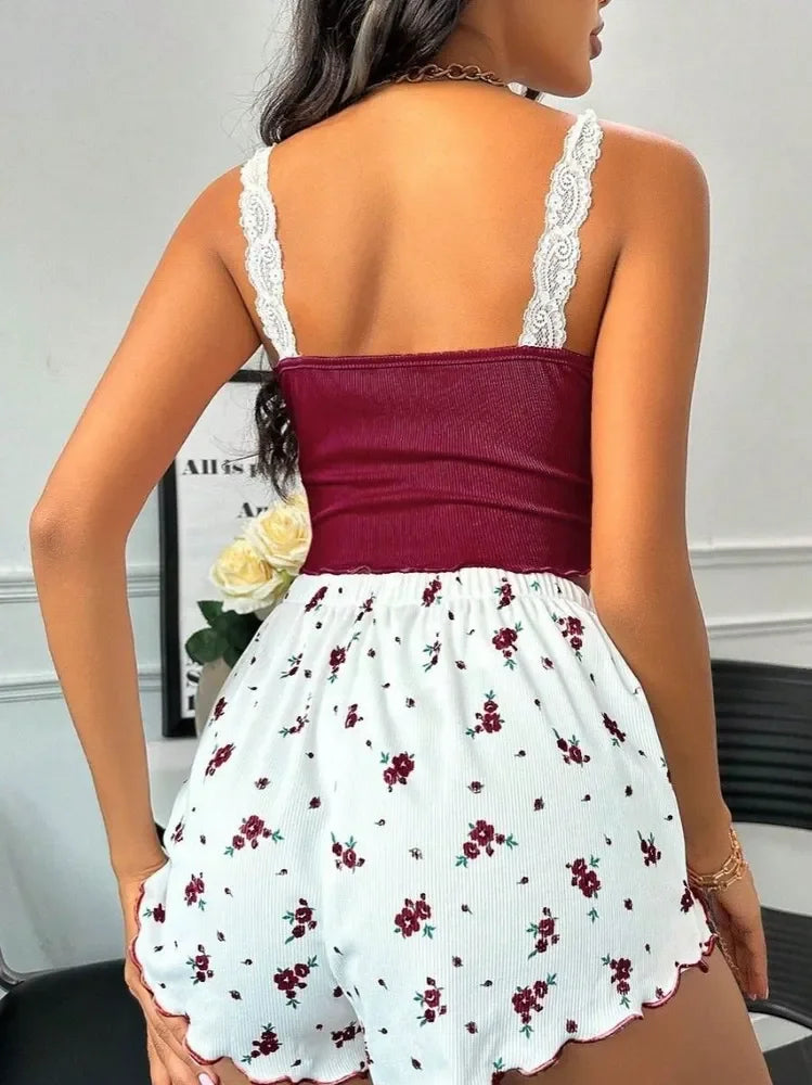 Summer Lace V-Neck Pajama Set for Women Sleepwear Sexy Nighties.
