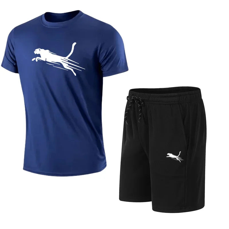 Summer Men's Running Set Cheetah Print Casual T-shirt And Shorts Two-Piece.