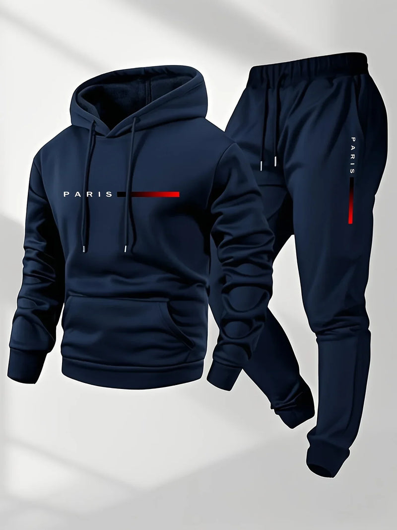 Print Sweatshirt Suit Men's Fleece Hoodie Pants Set Spring Autumn Winter.