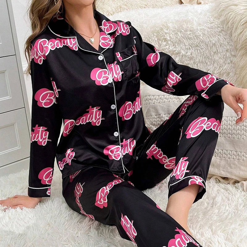Cute Cat Print Pajama for Women Satin Long Sleeve Lapel Collar Tops & Pants Pyjama.