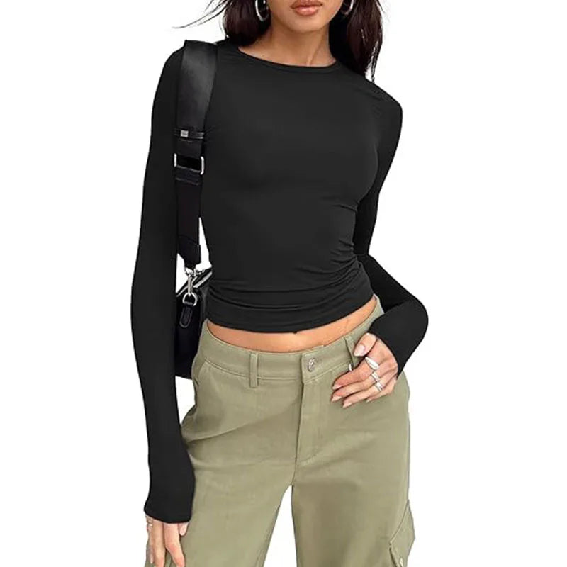 1pcs Four Seasons Fashion Senior Women T-shirt Long Sleeve Crew Neck.
