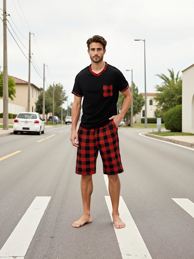 Mens Pajama Sets Short Sleeve Plaid Pajamas.
