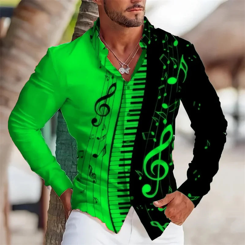 Summer Men's Long Sleeves Shirt with Musical Instrument Symbol Pattern Printed.