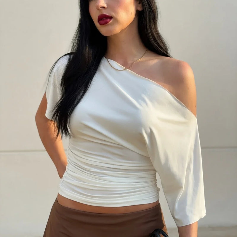 Solid One Shoulder T-shirt Women Tops Summer Short Sleeve Crop Top.