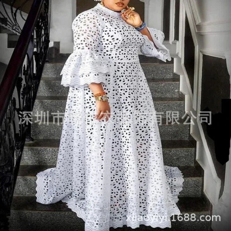 White Dress Women Flare Sleeve O Neck Party Long Maxi Dresses.