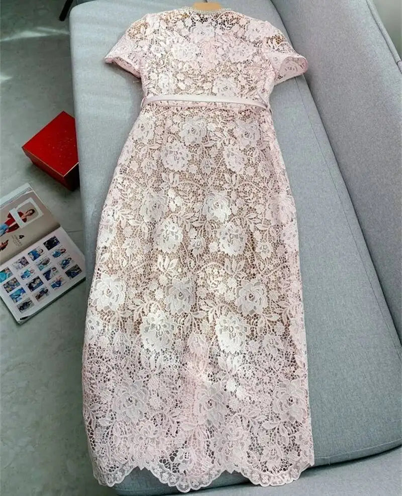 Women’s Lace Midi Dress Diamonds Bow Pink Floral Crystal Short Sleeve.