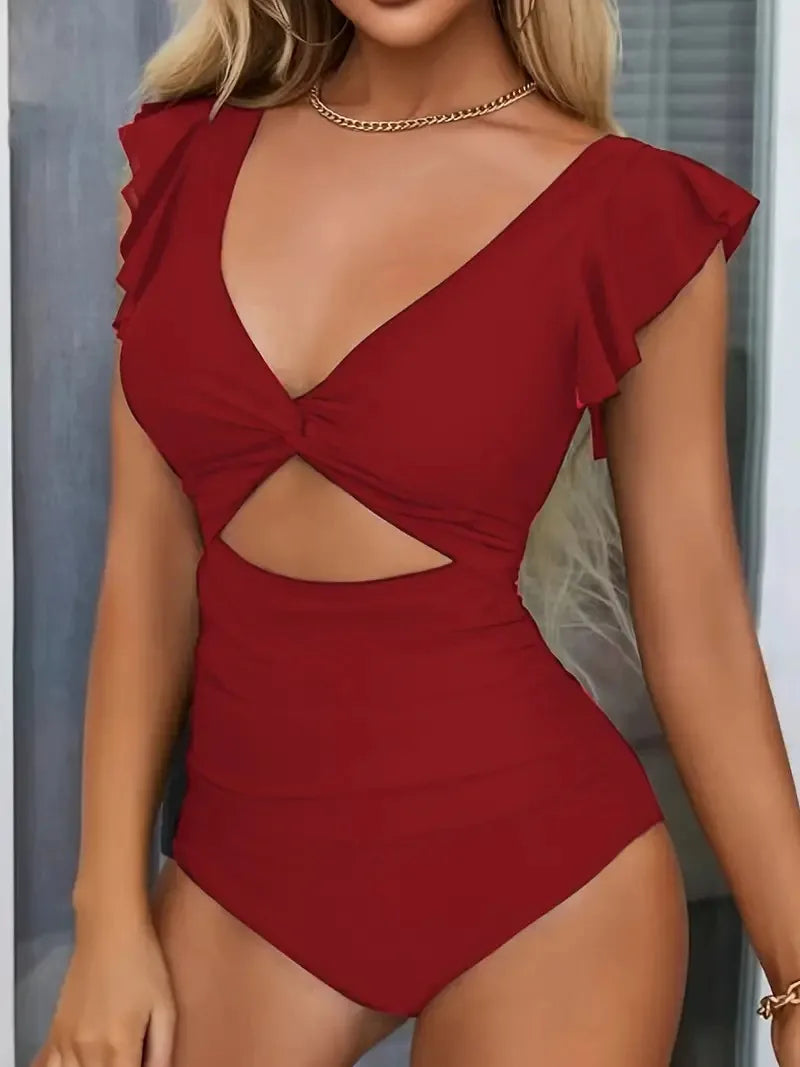 Contrast Mesh One Piece Swimsuit, V Neck Solid Color Backless Tummy.