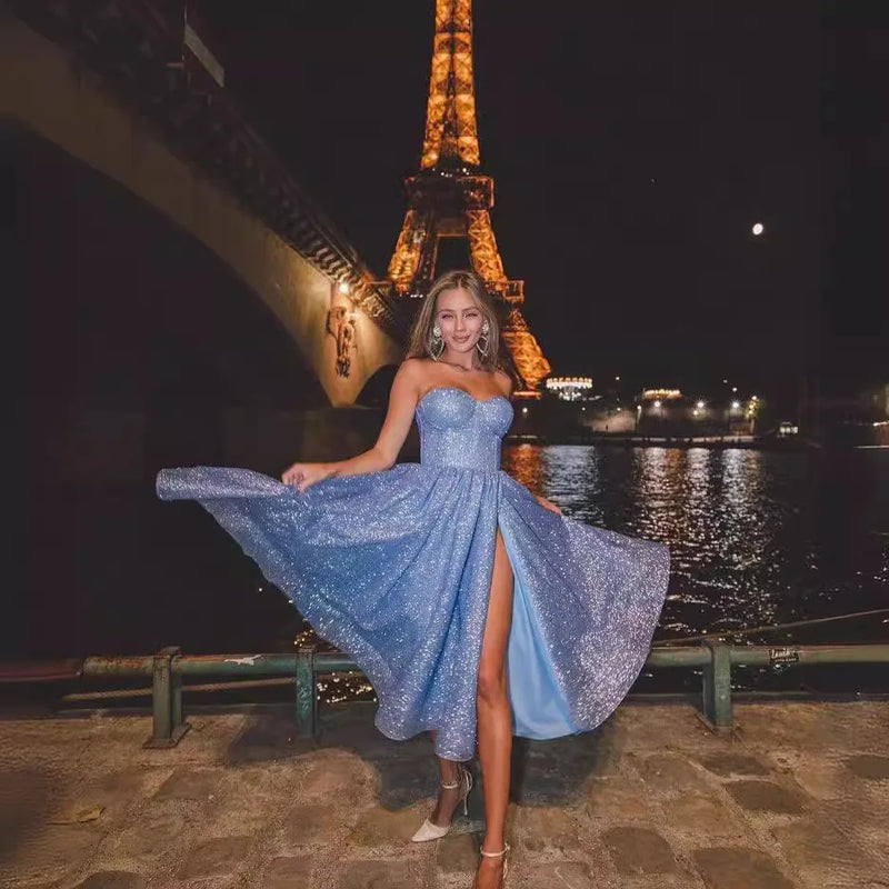 Elegant Long Evening Gown Spring New Style Strapless Sequin Formal Dress.