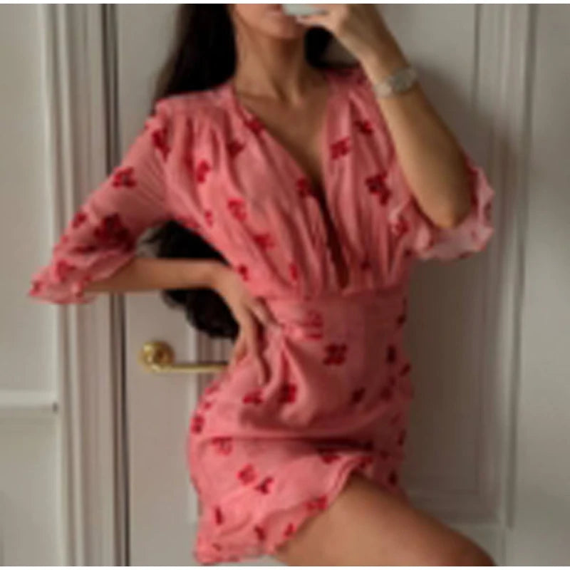 Lady Sexy Flora Painted Ruffle Slim Dress Women Chic.