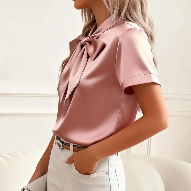 Women's Solid Satin Blouse Summer Fashion Bow Tie Lace Up Neck.