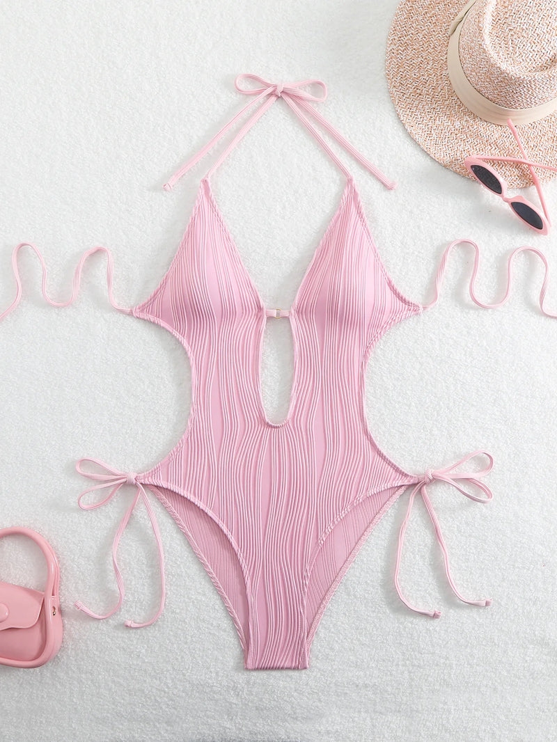 Sexy Halter V Neck Wrinkled Female Swimwear One Piece Swimsuit Women.