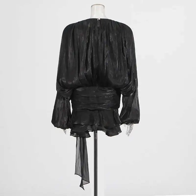 TWOTWINSTYLE Solid Blouse Mini Dresses For Women V Neck Long Sleeve.