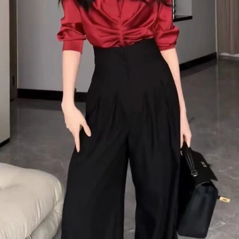 Office Ladies Ultra High Waist Wide Leg Pants Straight Drooping Spring.
