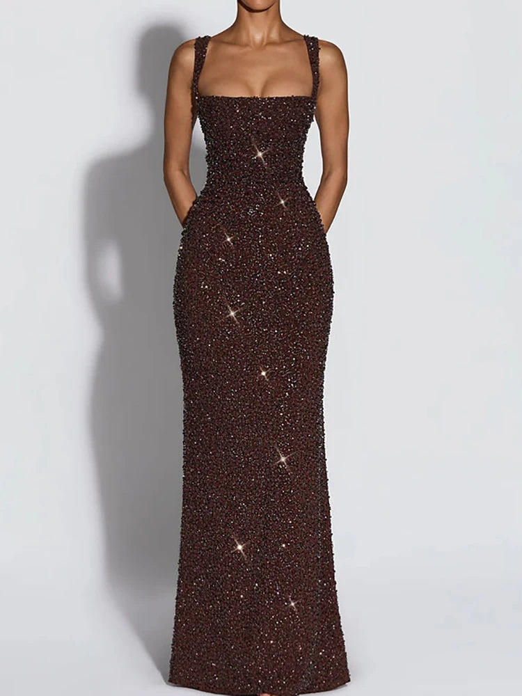 Square Collar Spaghetti Strap Chic Maxi Dress for Women.