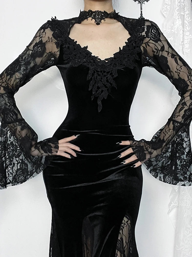 AltGoth Aesthetic Gothic Midi Dress Women Vintage.
