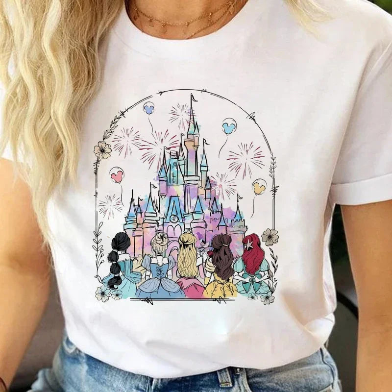 Fashion Disney Princess Printed T Shirt Watercolor Magic Castle Princess Women.