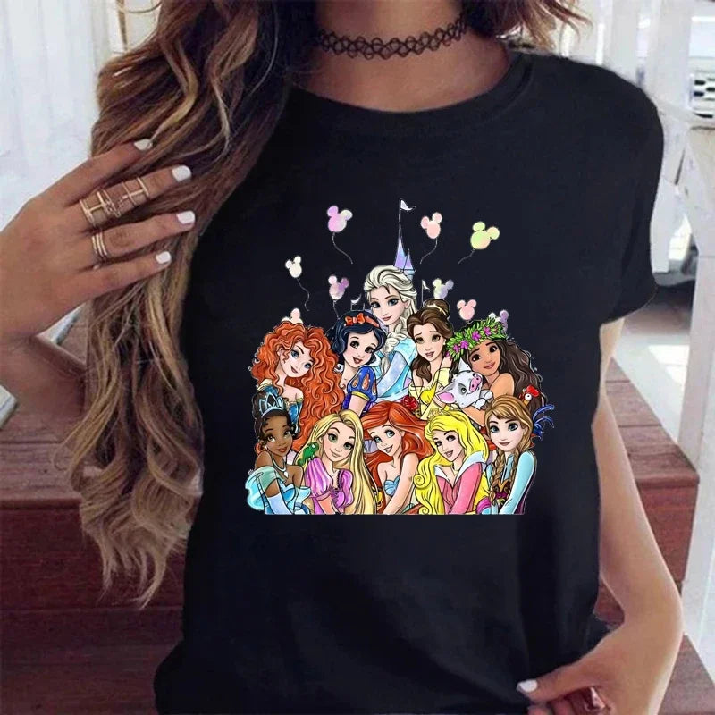 Fashion Disney Princess Printed T Shirt Watercolor Magic Castle Princess Women.