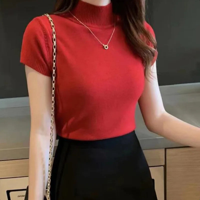 Half-High Neck T-Shirt Women's Fashion Jumper Casual Tops.
