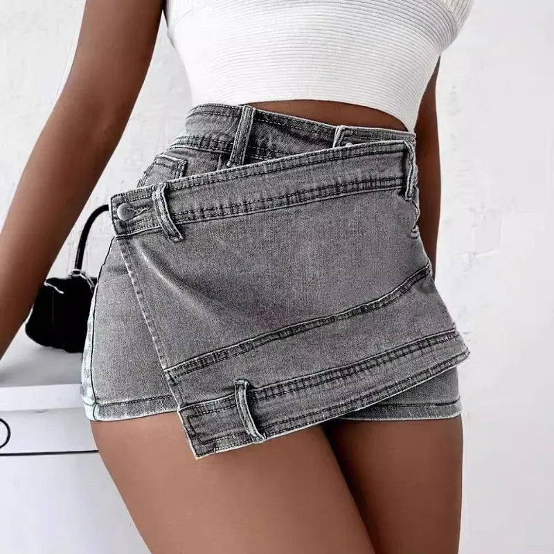 Fashion Irregular Splicing Women's Denim Shorts Summer High Waisted.