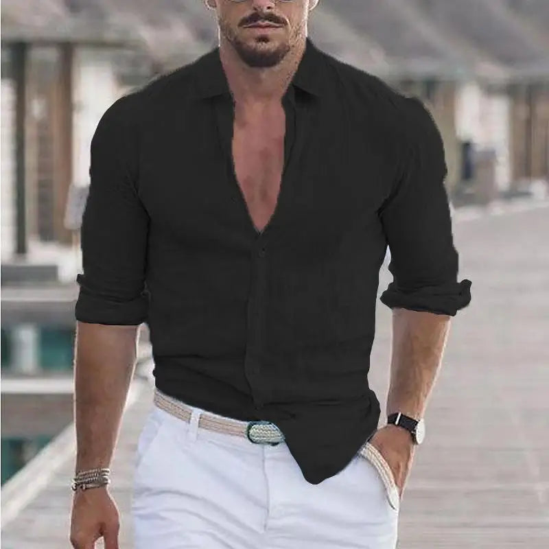 Men Cotton Linen Button Loose Blouse Shirts Spring Summer.