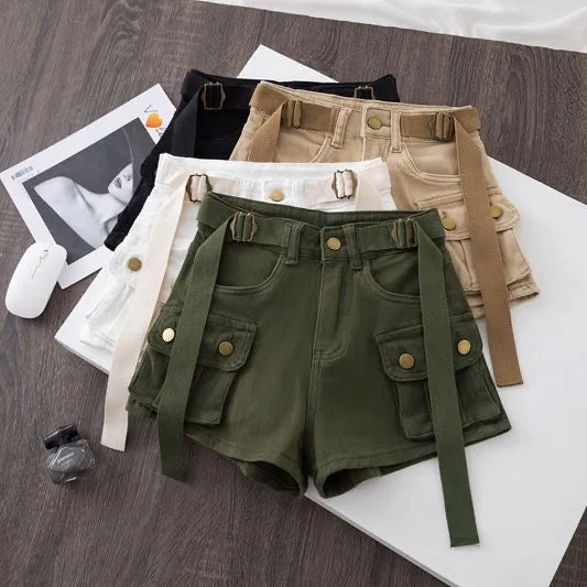 Retro Army Green Work Wear Denim Shorts  Summer Cool Girl Chic.