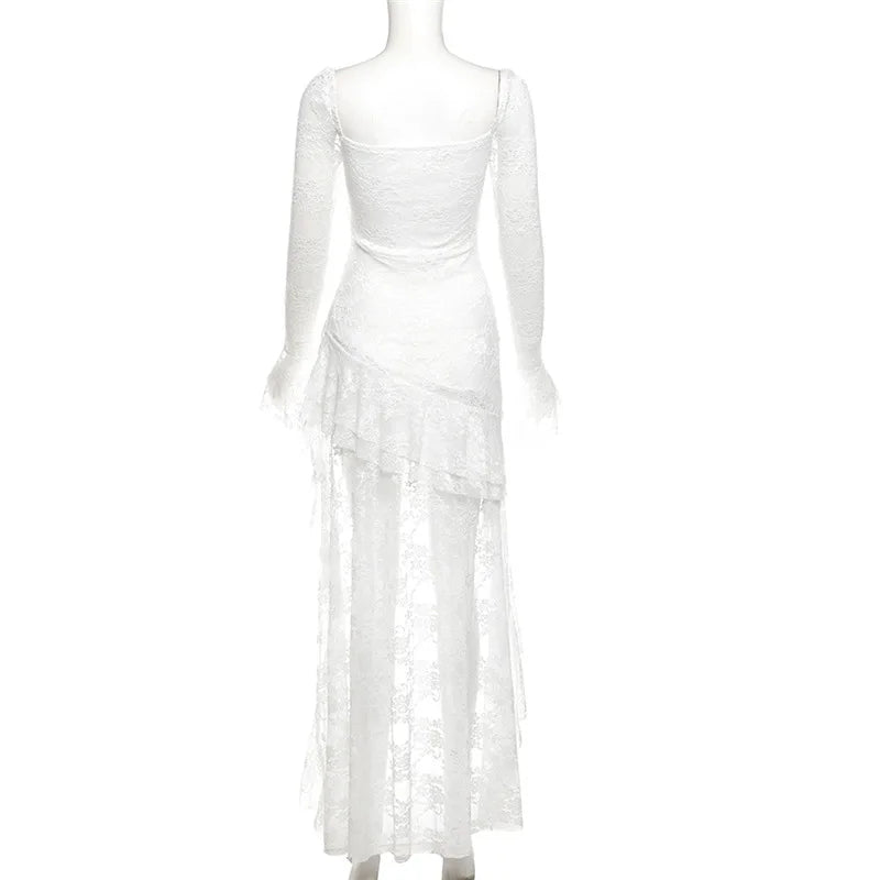 Women’s Goth Dark Fairycore Lace Flare Sleeve Square Neck A-line Dress.