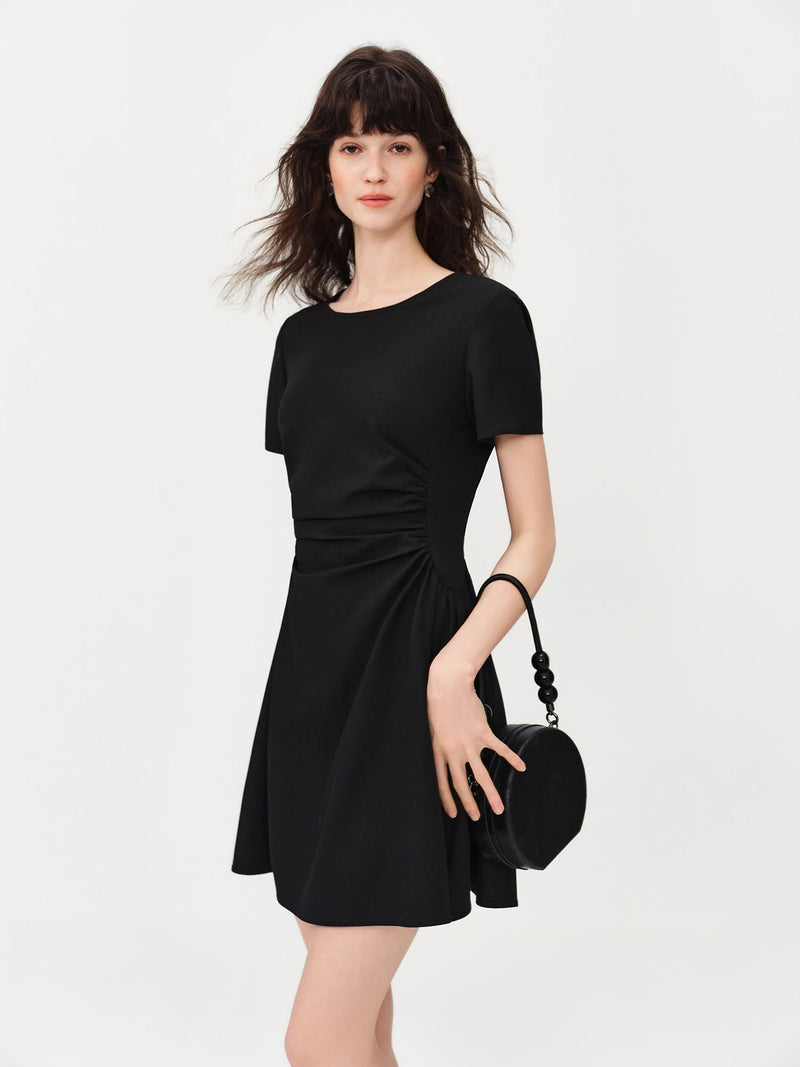 Women's Black Midi Dress, Crew Neck Short Sleeve Waist-Cinching.