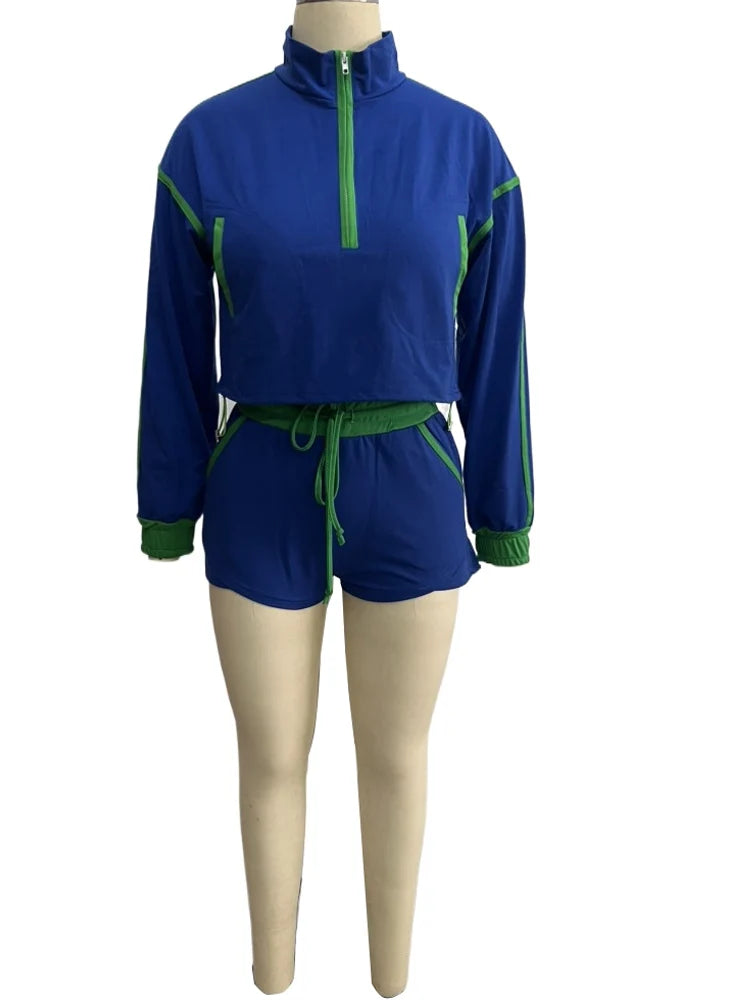 Beyprern Casual Contrast Color Two Piece Set Women Quarter Zip Long Sleeve Crop Top.