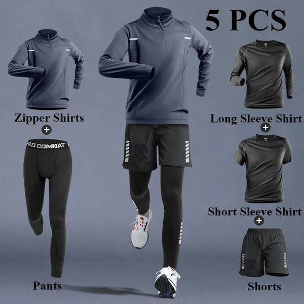 Men's Quick-Dry Sports Set 1-5 PCS Spring Track Field Zipper Training Running Fitness.