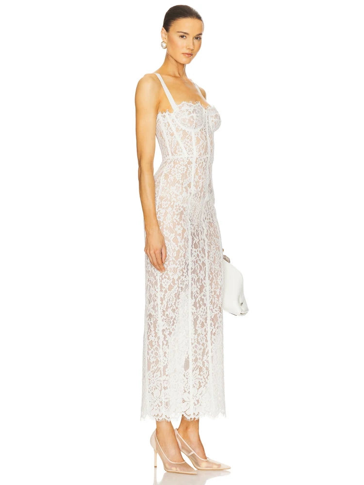 Sexy Spaghetti Strap V Neck Lace Long Dress Women.