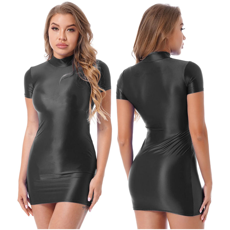 Women’s Oil Glossy Tights Mini Dress Sexy Party Clubwear.