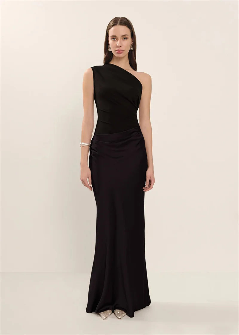 Women’s Mozision Satin Inclined Shoulder Sexy Maxi Dress.