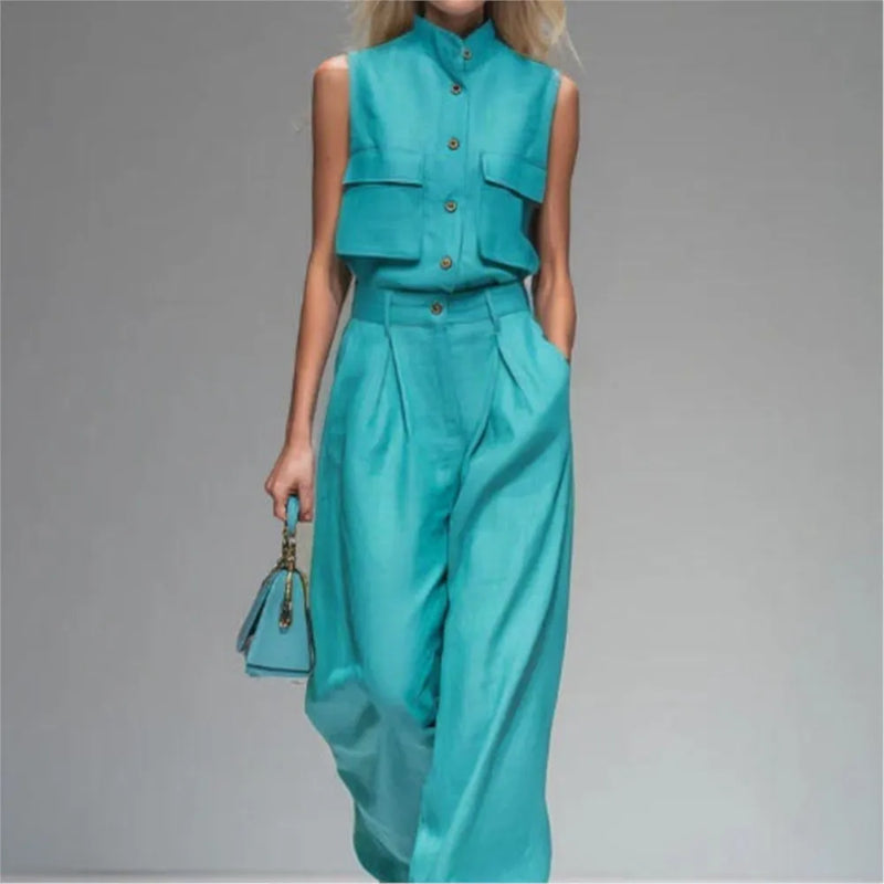 Fashion Stand-up Collar Single-breasted Pocket Vest Women Trousers Suit Spring Summer.