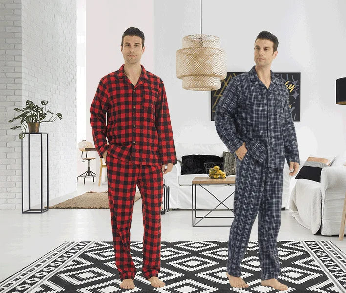 Mens Flannel Pajama Sets Cotton Plaid Pajamas for Men Pjs Set.
