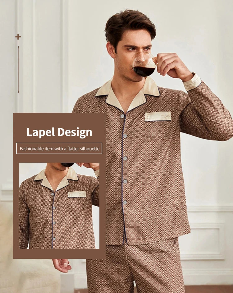 High Quality Pajamas Set Men Spring Autumn Thin Polyester Ice Silk Long-sleeved Sleepwear.