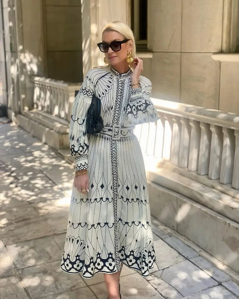 Retro Elegant Stand Collar Long Dress Women Spring Pattern Print.