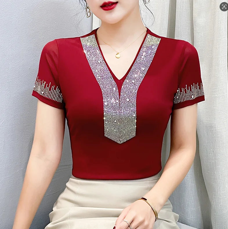Summer Women Tops New Korean Fashion Diamond Mesh T Shirt V-neck.