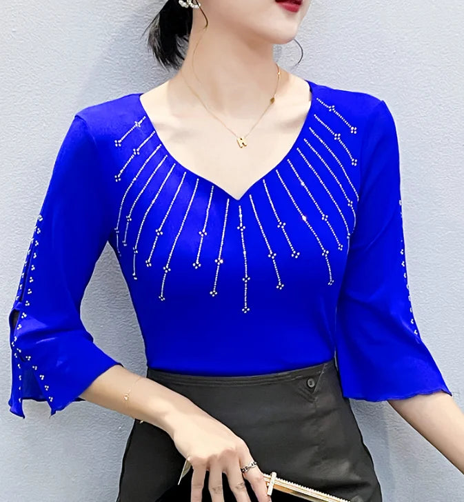 Summer Women Tops New Korean Fashion Diamond Mesh T Shirt V-neck.