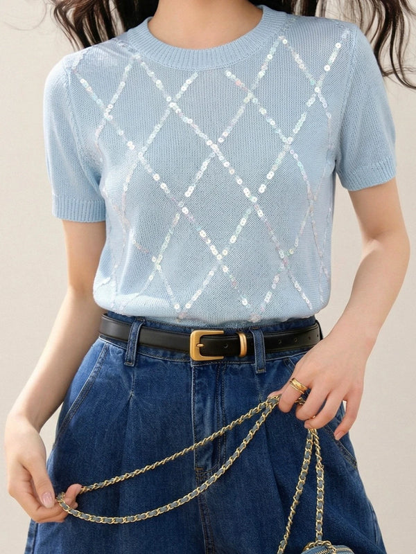 Retro Women's Sequined Diamond Cutout Short Sleeve T-Shirt Fashionable.